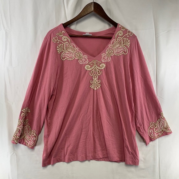 J. Jill Tops - J. Jill Embroidered V-Neck Top Womens Large Pink 3/4 Sleeve Cotton Modal